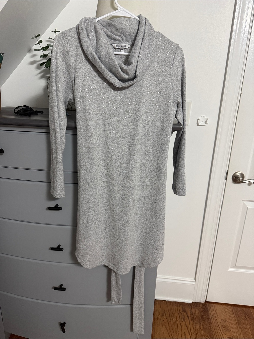 Emily Daniels Gray Sparkle Cowl Neck Tunic Dress - Size Petite Medium (PM)